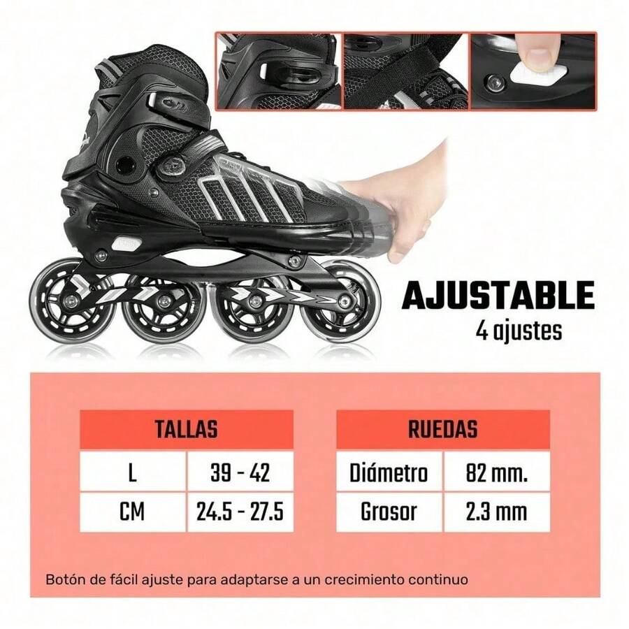Patines 4 Ruedas Linea Luces Led Profesionales Niños Adultos Color Negro Talla De Los Patines Gn Cm 24.5-27.5 Tamaño De Las Ruedas 82 Mm - Negro1 - Ver 1