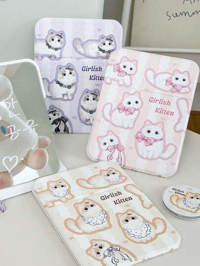 1个卡通小猫折叠镜 - 金色渐变毛绒猫手绘化妆镜，高品质PU材质，大尺寸化妆镜，方便补妆，可折叠手持梳妆台镜，学生宿舍桌面化妆镜，美容折叠镜，旅行携带化妆镜，可直立的便携式梳妆台镜。