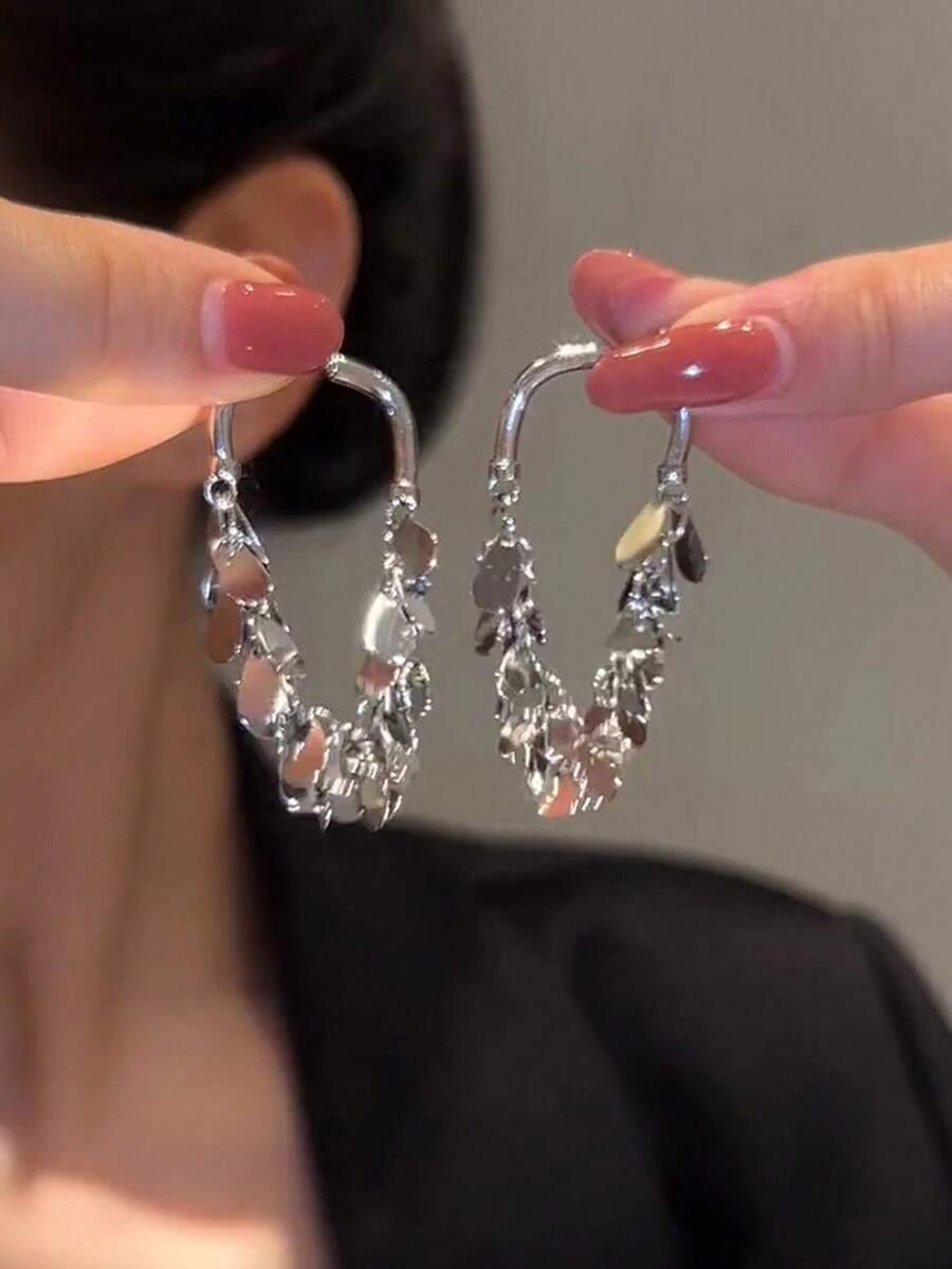 1对金属亮片花朵耳环，优雅流苏耳环，独特设计，女士款 - 白K - 查看 1