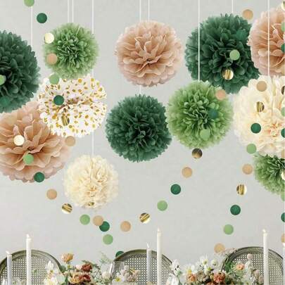16pcs/18pcs Olive Green Paper Flower Balls Set, Paper Pom Poms Set, Suitable For Wedding Party Decor, Birthday, Anniversary Celebration Backdrop, Hydrangea, Holiday Decor, Celebration Party, Graduation Ceremony