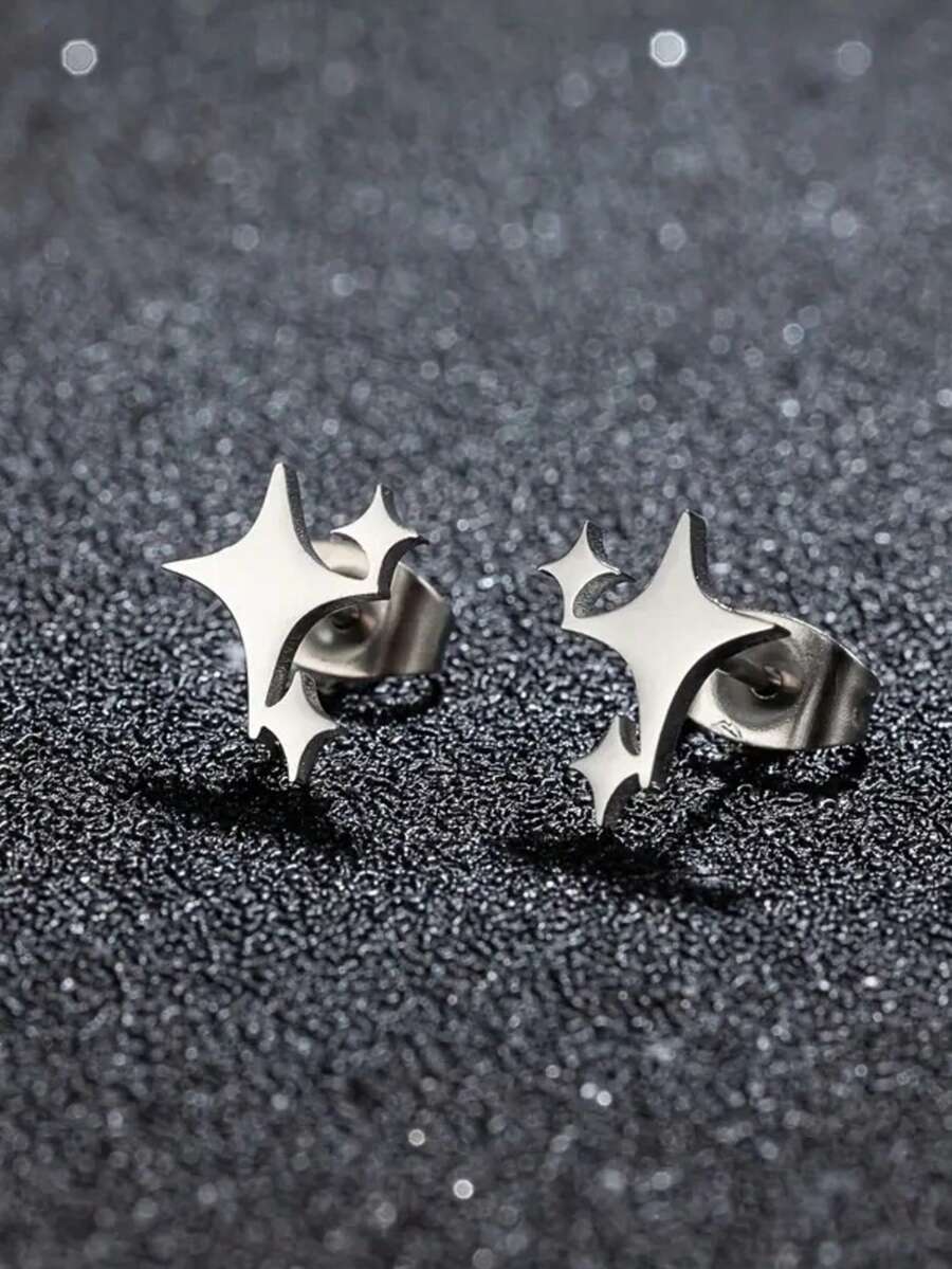 2只朋克风不锈钢星星耳钉，时尚中性设计 - 耳環 - 查看 1