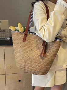 2026 New Fashion Large Capacity Woven Bucket Bag, Casual Versatile Women Shoulder Tote Bag, Suitable For Daily Commute, Outing, Travel, Beach Holiday - Multicolor - View 5