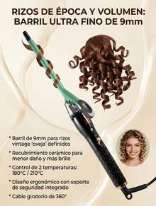 Rizador de Cabello Profesional 9mm Ultra Delgado para Rizos Definidos Tipo Afro, Teddy, Hippie y Espiral Compacta, Tenaza para Cabello con Tubo Fino para Volumen Intenso y Estilo Vintage, Plancha Rizadora con Recubrimiento Cerámico y Turmalina para Brillo Natural, Tecnología PTC de Calentamiento en 30s con Temperatura Estable 180°C y 210°C para Cabello Fino, Normal o Grueso, Tenaza para Peinar con Cable Giratorio 360° y Punta Fría para Manejo Cómodo, Herramienta de Estilizado para Mujer y Hombre Ideal para Fleco, Patillas y Cabello Corto, Rizador Profesional para Crear Rizos Pequeños, Ondas Retro y Textura Abundante, Ideal para Cabello Lacio que Busca Apariencia de Cabellera Abundante, Estilizador de Cabello con Diseño Ergonómico para Uso Diario en Casa o Salón, Rizador Compacto para Estilo Afro, Rizos Definidos y Peinado con Volumen Visible y Duradero - Tipo de Enchufe A USA (110-127V) - Ver 6