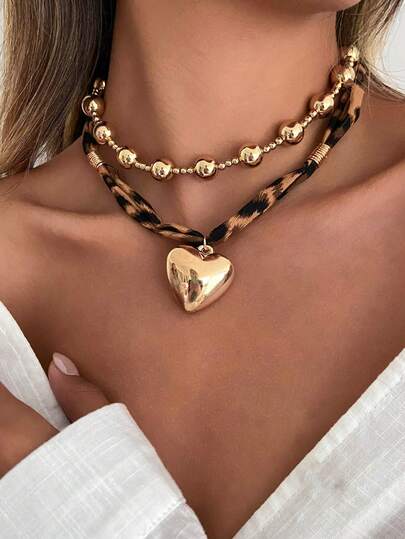 Bộ 2 dây chuyền phong cách Bohemian họa tiết trái tim và da báo CCB, trang sức dây chuyền cổ điển thanh lịch dành cho nữ, phù hợp để đeo hàng ngày, dự lễ hội và tiệc tùng.