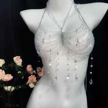 1Pc Sexy, Fashionable, Personalized, Exquisite, Multi-Layered Faux Pearl Chest Chain Top Chain, Wedding Party Accessories Chest Chain Body Chain European And American Sexy Bikini Three-Dimensional Back Chain Backless Assembly Accessories Boho Gold Chest Body Chains Layered Summer Sand Beach Bikini Waist Chain Accessories For Women - White - View 5