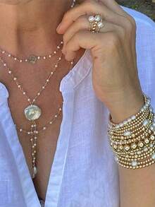 4件套女士及女孩多层镀金手链，混合珍珠串珠手链搭配镀金弹力珠手链套装，日常佩戴惊喜礼物首饰 - 多色 - 查看 2