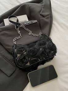 独特小众新款玫瑰蕾丝晚宴链条包，时尚别致的女孩单肩腋下包 - 黑色 - 查看 3