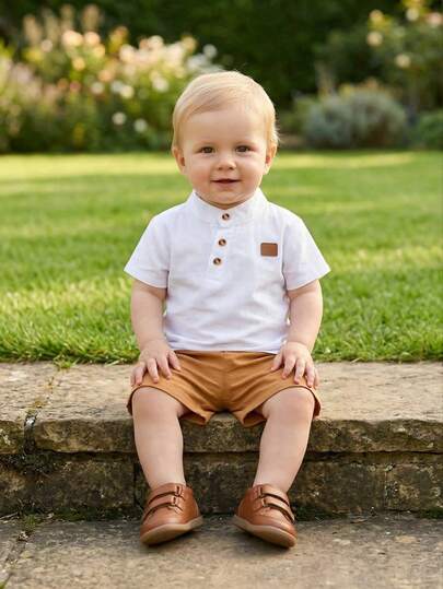 BOARNSEORL Baby Boys 2pcs Gentleman Set, White Short Sleeve Top And Khaki Shorts, Casual Stylish Outfit For Outings And Family Gatherings