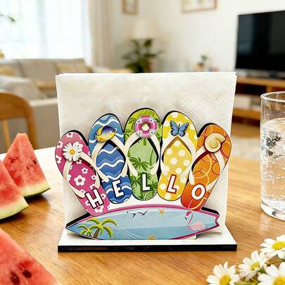 1 pieza Portapañuelos de madera rústica con tema de playa de verano, decorado con flamencos, tablas de surf y chanclas, adecuado como decoración de cocina o mesa de comedor.