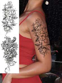 2 pezzi Tatuaggi temporanei alla moda con disegno floreale, tatuaggi finti con stampa floreale, tatuaggi temporanei unisex per il corpo, impermeabili e resistenti al sudore, adatti per braccia, mani, addome e piedi, facili da applicare e rimuovere, durano 7-14 giorni, adesivi decorativi per feste in spiaggia e regali fai-da-te - nero - Visualizzare 2