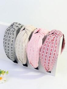 4件装女士花卉印花条纹格子休闲涤纶弹力打结发带，夏季 - 4pcs 條紋 - 查看 1