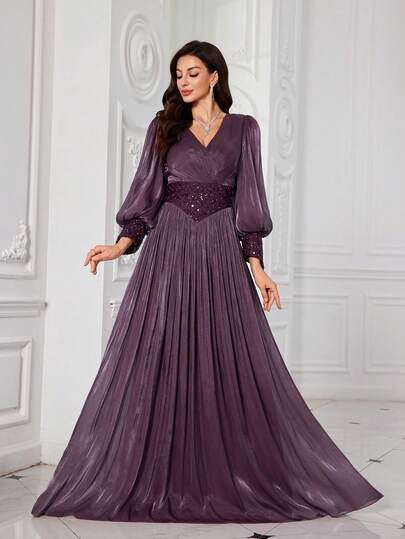  UNITHORSE Women's V-Neck Lantern Sleeve Solid Color Sequins Patchwork Imitation Photocell Slim-Fitting Maxi Evening Dress Graduation Dresses Formal Dresses Dinner Party Dresses