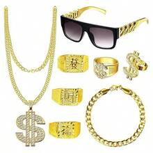[1/3/8pcs] Cuban Link Bracelet Necklace Ring Set, Street Fashion Jewelry, Includes Fake Gold Chain Bracelet, Symbol Pendant Glasses, Hip Hop Musician Costume Accessories, Exaggerated Punk Bling Bling Costume Glasses Set For Carnival - Multicolor - View 12