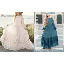2026 Girls Elegant Lace Flower Boho Dress Long Sleeve Backless Square Neck Ruffle Party Maxi Dress - 06 淺綠色 - 查看 8