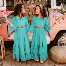 2026 Girls Elegant Lace Flower Boho Dress Long Sleeve Backless Square Neck Ruffle Party Maxi Dress - 10號湖綠 - 查看 4