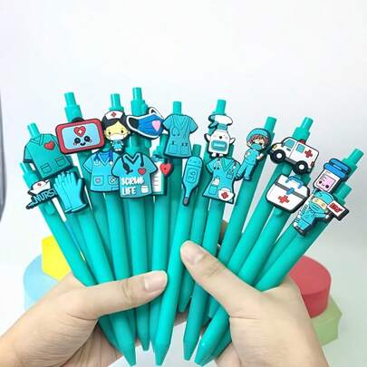 Back To School Medical/Doctor Themed Retractable Ballpoint Pens, Smooth Writing Black Ink, Campus Design, Suitable For Students And Teachers, Random Color