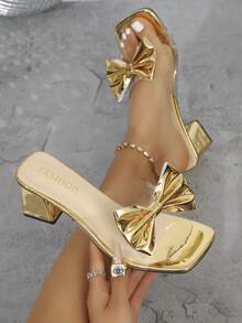 Women's High Heel Sandals With Butterfly Flower Design, Fashion Wedding Princess Shoes, Chunky Heel - Gold - View 1