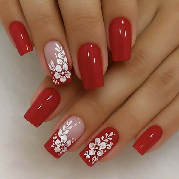24 Pieces Of Wearing Nail European Square Red French White Flower Pattern Nail Patch Removable Fake Nail Nails