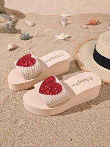 1 Pair Women's Red Heart Thick Sole Casual Exclusive Beach Style Sandals, Gold Fashion Versatile Beach Slippers For Spring/Summer - Red - View 8