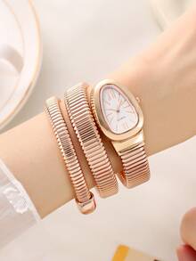 Snake-Shaped Rhinestone Diamond Style Business Casual Quartz Watch, Elegant Women's Watch - Gold - View 10