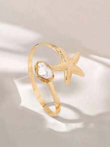 1pc Bohemian Style Starfish Faux Pearl Inlaid Gold Tone Arm Cuff, Suitable For Women's Daily Wear, Beach Vacation, Party - Multicolor - View 6