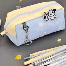 (Free Star Pendant) 1pc Cute Star Embroidery Pencil Case With Dog Patch - Aesthetic Large Capacity Pen Pouch With Star Keychain, Kawaii School Supplies For Teen Girls, Back To School Gift - 1 Blue Pencil Case - Comes With a Star Keychain - View 6