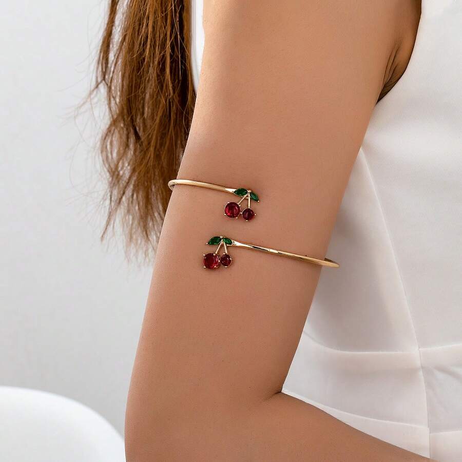 1pc Fashionable, Elegant And Sweet Cherry Design Rhinestone Bracelet, Suitable For Women's Daily Wear - Multicolor - View 1