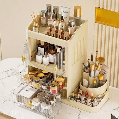Hộp đựng mỹ phẩm nhiều tầng có thể gập lại | Tủ đựng đồ trang điểm độc lập, chống bụi, dung tích lớn, làm bằng nhựa bóng, chiều cao dưới 27 inch, thể tích dưới 3,2 feet khối, hộp đựng nước hoa.