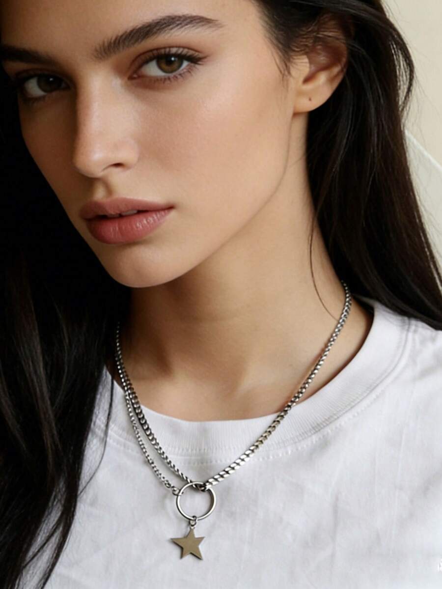 1件银色不锈钢不对称五角星吊坠项链，防褪色，嘻哈风格，适合街舞、音乐节、日常佩戴 - 銀色 - 查看 1