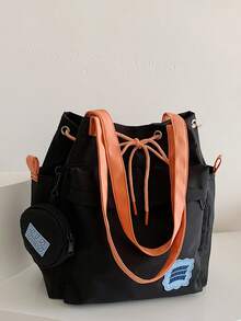 1pc Fashion Casual Large Capacity Drawstring Tote Bag, Lightweight & Portable, Foldable, Minimalist Campus Style Student Shoulder/Underarm Bag - Multiple Colors - View 12