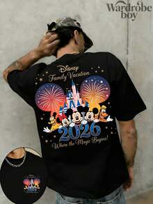 Disney Printed T-Shirt,Men's  Disney Mickey Minnie Donald Goofy Pluto Castle Fireworks 2026 Printed Pattern T-Shirts , Unisex,High-Quality Pure Cotton T-Shirt,Suitable For All Seasons, Comfortable And Breathable| Exquisite Design | The Best Choice For Giving Gifts - 黑色 - 查看 1