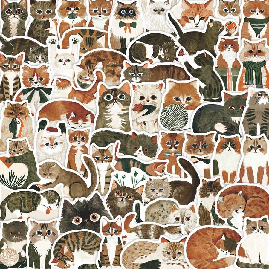 64 Pieces Of Retro Oil Painting Cat Graffiti Stickers - Waterproof Vinyl, Suitable For Laptops, Water Bottles, Notebooks, Suitcases, Etc. - Cartoon Fun DIY Scrapbook Gift - A - View 1