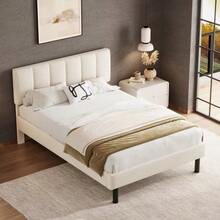 Upholstered Bed, Iron Legs, Slatted Base, Simple Design, 140 X 190 Cm, Mattress Not Included, Sherpa Fabric, Beige - White - View 9