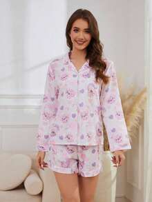 Disney 2-Piece Set Printed Casual Versatile Long Sleeve Button-Front Top And Elastic Waist Shorts Pajama Set For Women, Suitable For All Seasons Home Wear - White - View 3