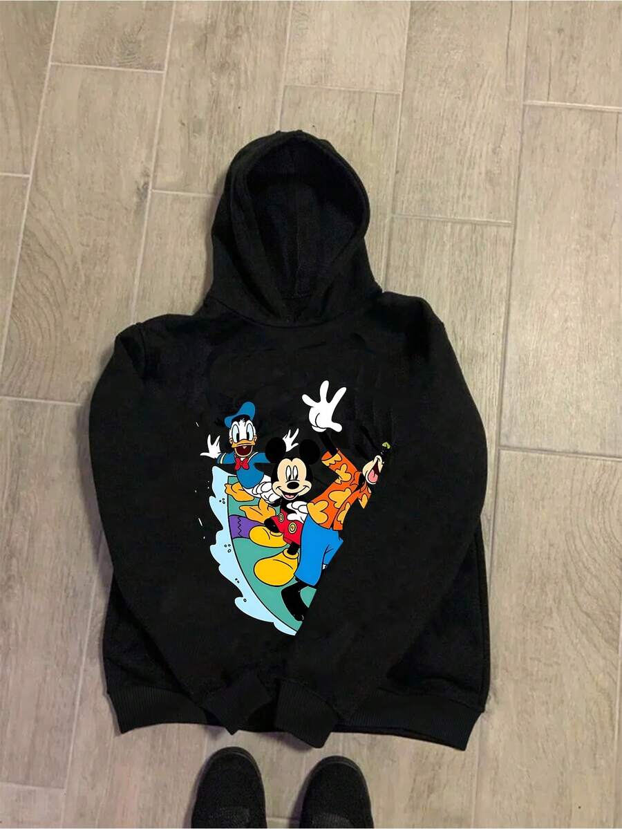 Disney Mickey Mouse, Tigger, And Goofy Surfing Pattern Men's Sweatshirt, Regular Fit, Machine Washable, Suitable For Casual Wear In Autumn And Winter, Cartoon Character Design, Comfortable Fabric, Detailed Description, Easy To Care For, Suitable As A Gift, Birthday Gift, Or Present. - màu đen - Xem 1