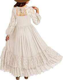 2026 Girls Elegant Lace Flower Boho Dress Long Sleeve Backless Square Neck Ruffle Party Maxi Dress - 03 米色 - 查看 12