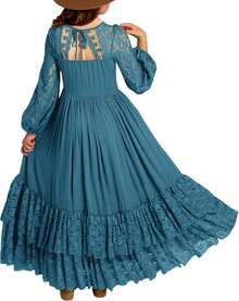 2026 Girls Elegant Lace Flower Boho Dress Long Sleeve Backless Square Neck Ruffle Party Maxi Dress - 04 藍綠色 - 查看 12