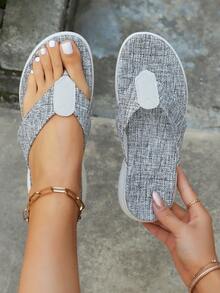 Women's Thong Style Flatform Sandals, Woven Fabric Toe Post Slide Sandals, Lightweight Casual Summer Shoes - Grey - View 5