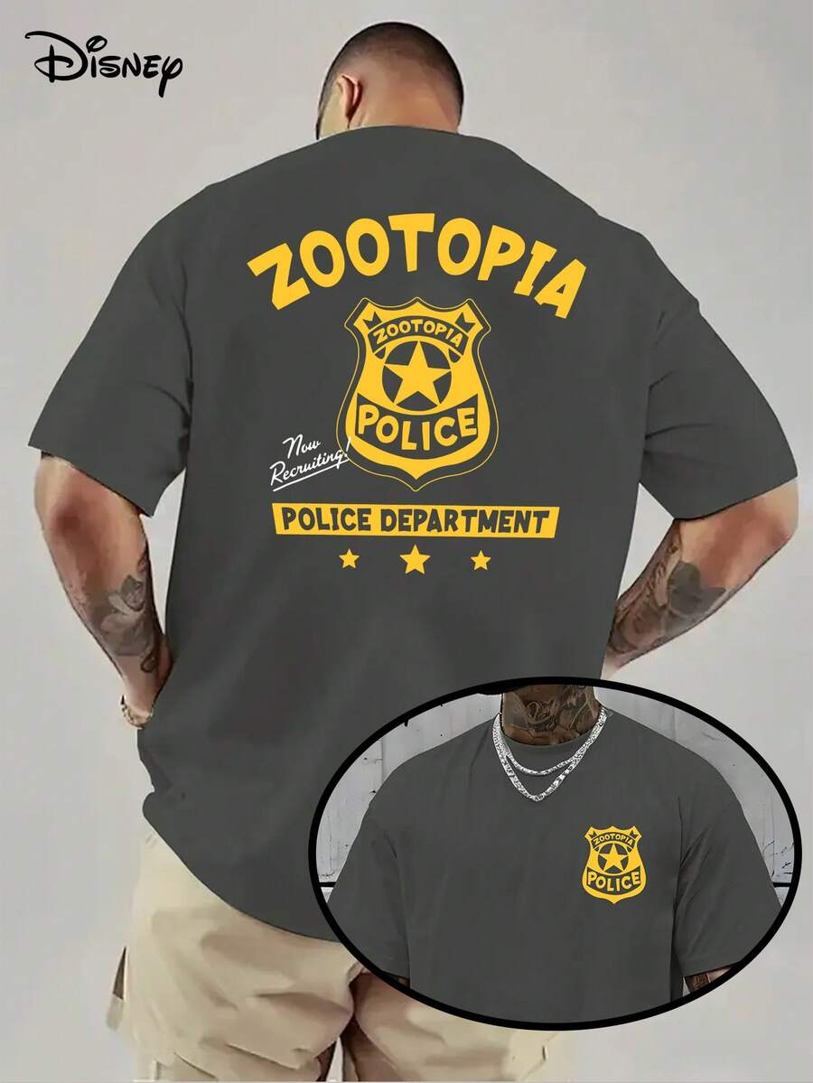 [Authorized By Disney] Zootopia Department Badge Men's T-Shirt Can Be Flipped, Inspired By Nick Wilde And Judy Hoops, Zootopia Logo, Casual. - 灰色 - 查看 1