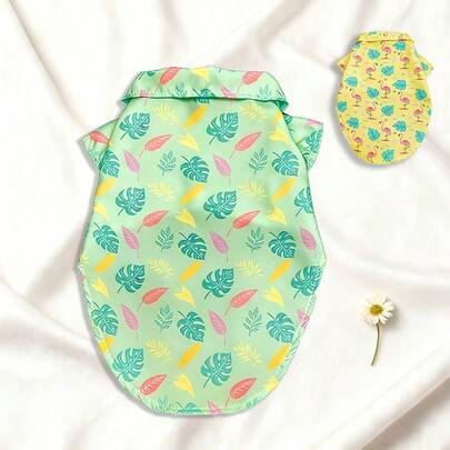 夏季宠物衬衫一件装，热带树叶和火烈鸟印花，轻薄透气防掉毛，适合室内外猫狗穿着。