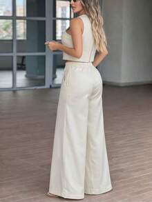 两件套女士纯色宽松无袖圆领阔腿裤套装 | 春夏休闲弹力腰直筒裤套装，舒适百搭，适合工作场合，尽显奢华格调 - 杏色 - 查看 2