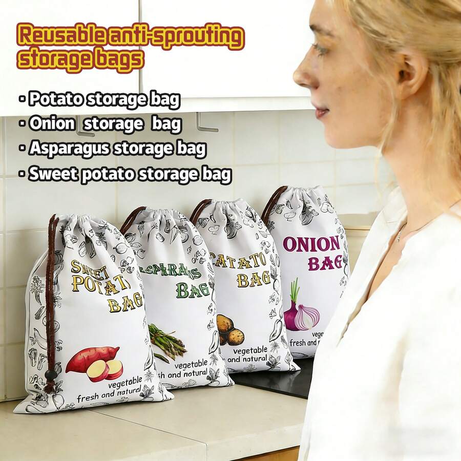 Potato Storage Bag - Sweet Potato Storage Bag - Onion Fresh Keeping Bag - Asparagus Storage Bag Set - Potato/Onion/Garlic Storage Bag - Say Goodbye To Messy Kitchen - Organized Storage - Prevent Sprouting - Portable Vegetable Storage Bag - Perfect For Picnics - White - View 1