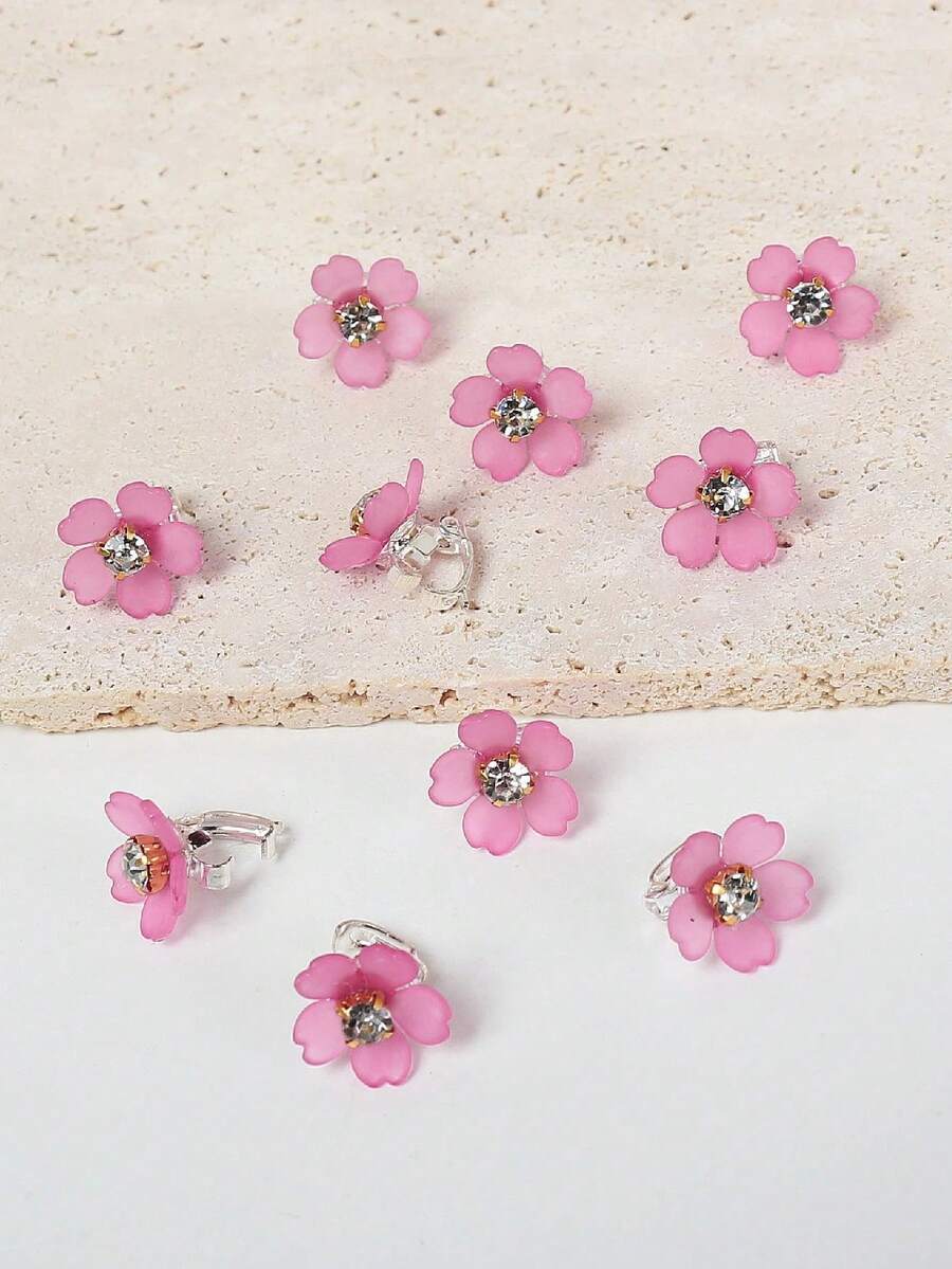 10pcs/Pack Cute Sweet Floral Hair Clips For Girls, White Flower Hair Accessories - Hot Pink - View 1