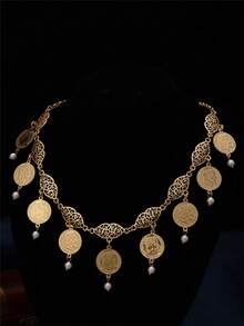 1件复古宫廷风女士项链，镀金合金镂空花卉硬币吊坠，配珍珠流苏，夸张项链，派对宴会吸睛配饰 - 彩色 - 查看 6