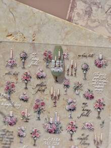 1pc Romantic Candleholder Lace Climbing Rose Pink Candlestick Ribbon Adhesive Nail Art Stickers Shining Nail Stickers - Multicolor - View 3