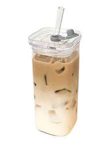 1个高品质透明方形玻璃杯，耐热，带吸管，高硼硅玻璃制成 - 透明 - 查看 3