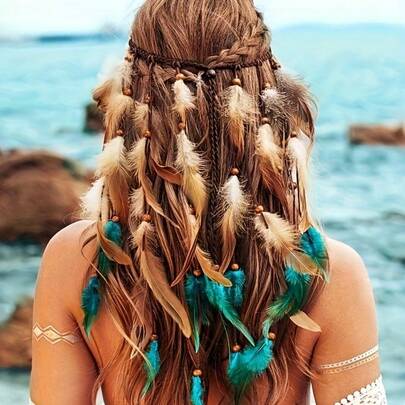 1pc/Set Bohemian Long Two-Tone Feather Headband, Exaggerated Feather Headdress For COSPLAY, Soft And Lightweight Feather Headpiece Suitable For Roleplay, Theme Parties, Music Festivals, And Stage Performances