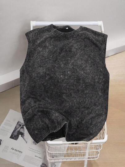 Hemo Men's Summer Street Style Plus Size Vest, Slightly Stretchy Washed Black Casual Sleeveless Top For Daily Wear