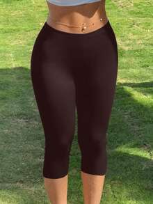 Plus Size Casual Solid Color Cropped Leggings Summer - Brown - View 5