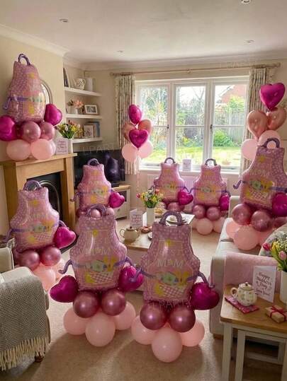 13pcs/Set Mother's Day Decorative Balloons, Apron Shaped Foil Balloons, 10-Inch Magenta Heart Shaped Foil Balloons, 10-Inch Metallic Magenta And Macaron Pink Latex Balloons, Suitable For Mom's Birthday, Mother's Day, Wife's Birthday Decorations